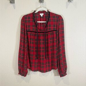 J.Crew Factory Red Tartan Plaid Tie-Neck Blouse with Velvet Detail, Size M
